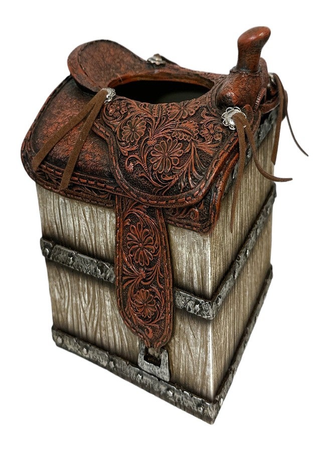 De Leon Collections 14248 Horse Saddle Brown, Tan, Silver Tone 6.9 Inch Polyresin Southwestern Rustic Distressed Decorative Tooled Home Décor Tissue Cover Holder Box - Image 1